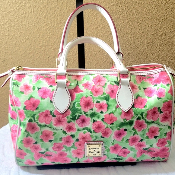 Dooney & Bourke Handbags - #20 Dooney & Bourke Pink Hydrangea Floral Satchel Bag With Crossbody Strap.